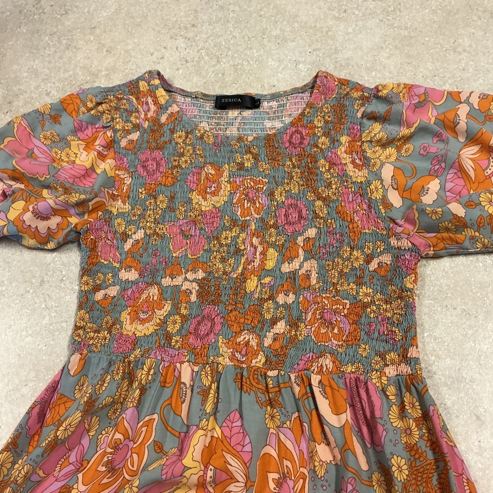 Zesica SZ L 70’s Retro Floral Smocked Bodice Maxi Dress Boho Bohemian Flutter - Picture 7 of 7